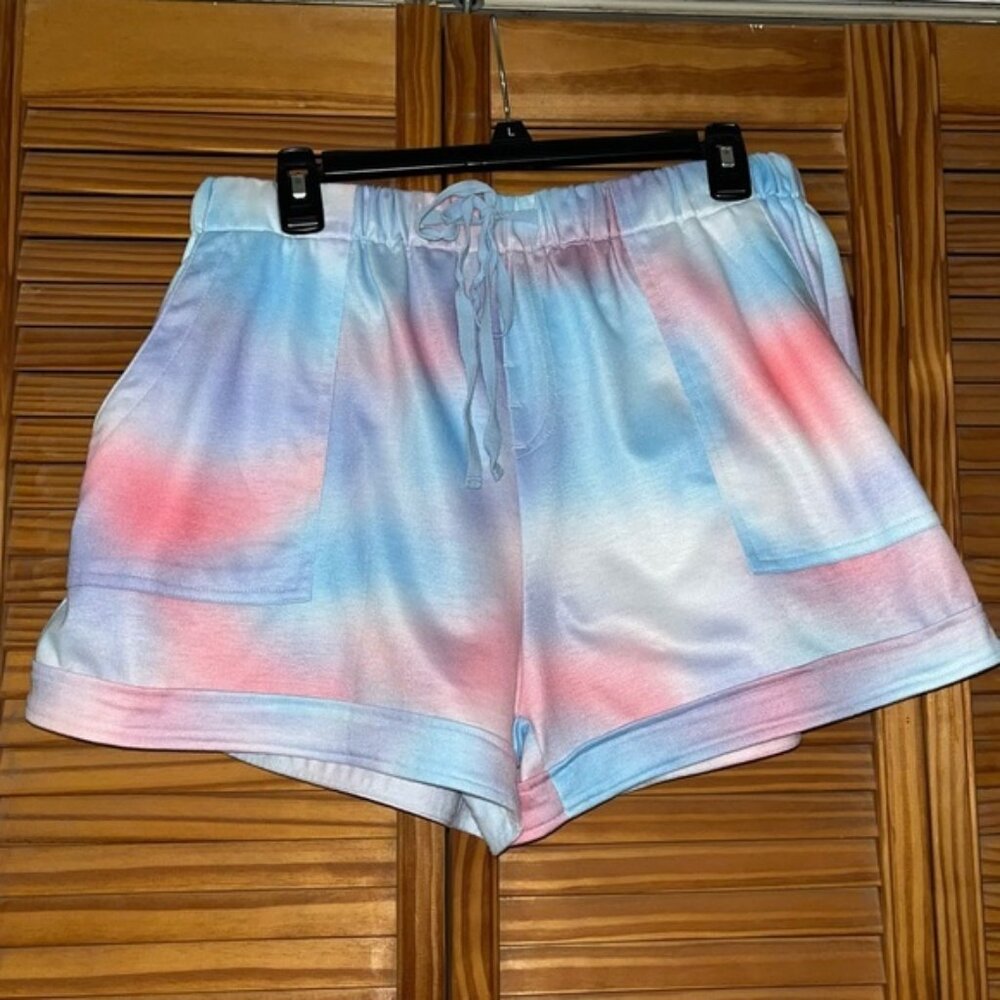 Tie Dye Blue,‎ Pink and Purple Elastic Waist Beach Shorts Size XL